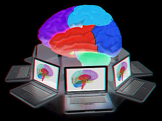 Image showing Computers connected to central brain. 3d render. Anaglyph. View 