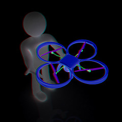 Image showing 3d man with drone, quadrocopter, with photo camera. 3d render. 3