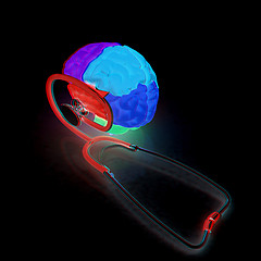 Image showing stethoscope and brain. 3d illustration. Anaglyph. View with red/