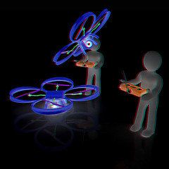 Image showing 3d man with drone, quadrocopter, with photo camera. 3d render. 3