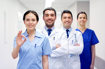 Image showing group of happy medics or doctors at hospital