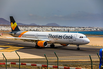 Image showing ARECIFE, SPAIN - APRIL, 15 2017: AirBus A321 of Thomas Cook with