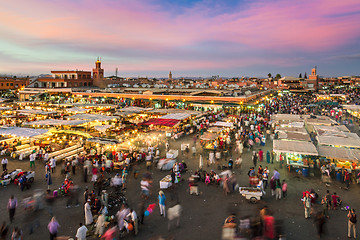 Image showing Jamaa el Fna market square in sunset, Marrakesh, Morocco, north Africa.