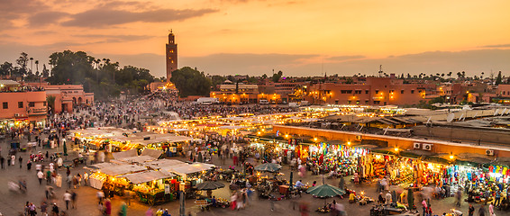 Image showing Jamaa el Fna market square in sunset, Marrakesh, Morocco, north Africa.