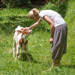 Image showing Woman caressing cute baby cow on meadow.