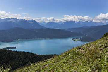 Image showing Panorama mountain view from Jochberg to lake Walchensee