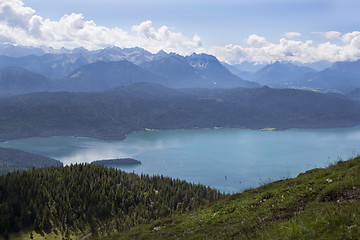 Image showing Panorama mountain view from Jochberg to lake Walchensee