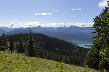 Image showing Panorama mountain view from Jochberg to lake Walchensee