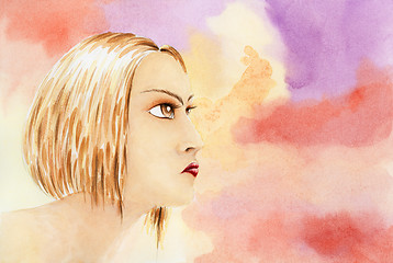 Image showing Portrait of young woman over fantasy watercolor background