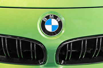 Image showing BMW logo on green lime hood of presentable luxury car