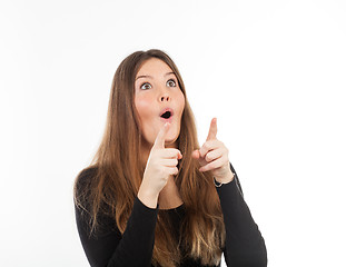 Image showing Beautiful young woman showing blank signboard