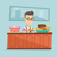 Image showing Worker standing behind the counter at the bakery.