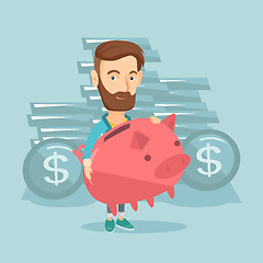 Image showing Business man holding big piggy bank.