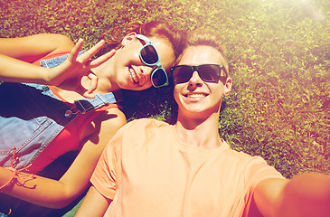 Image showing happy teenage couple taking selfie on summer grass