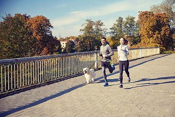 Image showing happy couple with dog running outdoors