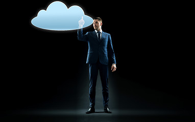 Image showing businessman touching virtual cloud hologram