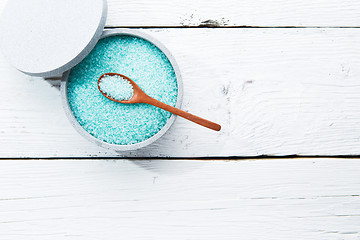 Image showing Sea salt on wooden table