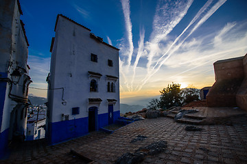 Image showing Sunset in Chefchaouen, the blue city in the Morocco.