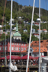 Image showing BERGEN HARBOR, NORWAY - MAY 27, 2017: Private boats on a row alo