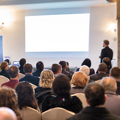 Image showing Public speaker giving talk at Business Event.