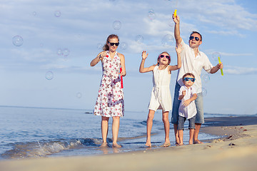 Image showing Happy family walking on the beach at the day time.