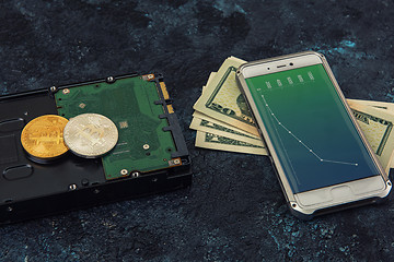 Image showing Bitcoin coin with HDD money and smartphone