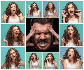 Image showing The collage of young woman and male emotions