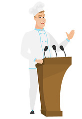 Image showing Chef cook giving a speech from tribune.