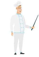 Image showing Caucasian chef cook holding pointer stick.