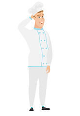 Image showing Caucasian chef cook holding hand behind head.