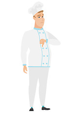 Image showing Disappointed caucasian chef cook with thumb down.
