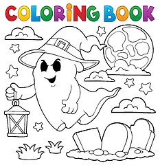 Image showing Coloring book ghost with hat and lantern