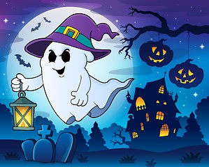 Image showing Ghost with hat and lantern theme 3