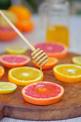 Image showing Grapefruit, clementine, orange and honey