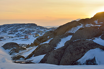 Image showing Sunset over town in  Greenland