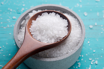 Image showing sea salt in stone bowl and wooden spoon