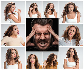 Image showing The collage of young woman and male emotions