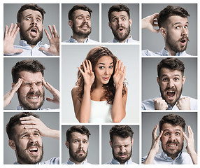 Image showing The collage of young woman and male emotions