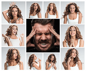 Image showing The collage of young woman and male emotions