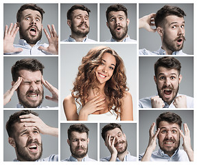 Image showing The collage of young woman and male emotions