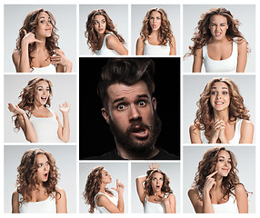 Image showing The collage of young woman and male emotions