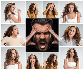 Image showing The collage of young woman and male emotions