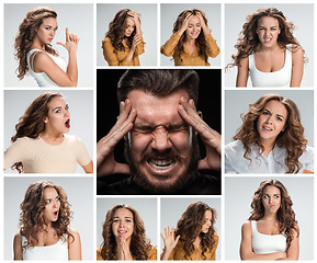 Image showing The collage of young woman and male emotions