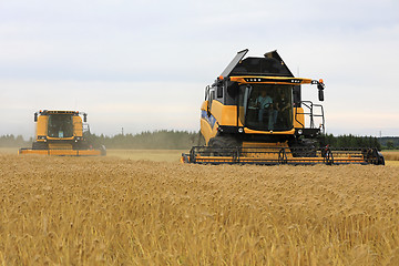 Image showing Two Yellow New Holland Combines Harvest Barley