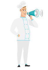 Image showing Caucasian chef cook talking into loudspeaker.
