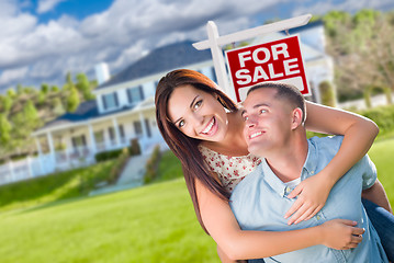 Image showing Playful Excited Military Couple In Front of Home with For Sale R