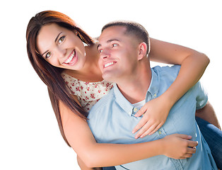 Image showing Mixed Race Romantic Military Couple Piggyback Portrait Isolated 