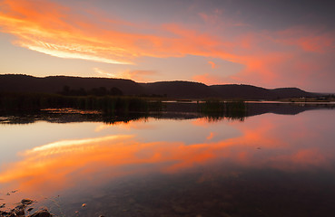 Image showing Sunset colour reflections in the lake Penrith Australia