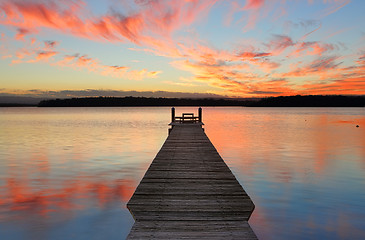 Image showing Sunset over St Georges Basin with timber jetty