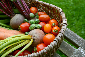 Image showing Beetroot, tomatoes, cucamelons and carrots in a wicker basket